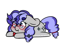 Size: 398x314 | Tagged: safe, artist:cottonsweets, derpibooru import, part of a set, oc, oc:cinnabyte, unofficial characters only, earth pony, pony, :t, bean ych, blushing, chibi, commission, cute, earth pony oc, eye clipping through hair, glasses, lying down, purple, simple background, solo, transparent background, ych result