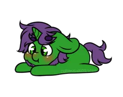 Size: 398x314 | Tagged: safe, artist:cottonsweets, derpibooru import, part of a set, oc, unofficial characters only, pony, unicorn, :t, beard, blushing, chibi, commission, cute, eye clipping through hair, facial hair, green, lying down, purple, simple background, solo, transparent background, ych result