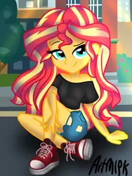 Size: 1536x2048 | Tagged: safe, artist:artmlpk, derpibooru import, sunset shimmer, equestria girls, bare shoulders, casual, clothes, converse, cute, denim shorts, design, fashion style, female, house, looking at you, raised eyebrow, road, shimmerbetes, shirt, shoes, shorts, sidewalk, sitting, smiley face, smiling, smiling at you, smirk, sneakers, solo, toy, tree