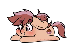 Size: 398x314 | Tagged: safe, artist:cottonsweets, derpibooru import, part of a set, oc, earth pony, pony, :t, bean ych, blushing, chestnut, chibi, commission, cute, eye clipping through hair, lying down, pink, ponytail, simple background, solo, transparent background, ych result