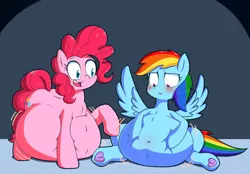 Size: 2300x1600 | Tagged: suggestive, alternate version, artist:hedgehogstew, derpibooru import, pinkie pie, rainbow dash, earth pony, pegasus, pony, belly, belly button, belly expansion, belly inflation, belly on floor, big belly, blushing, duo, fat, female, females only, frog (hoof), growth, heart, heart hoof, hoof on belly, huge belly, inflation, pudgy pie, rainblob dash, sitting, spread wings, squishy, underhoof, weight gain, wings