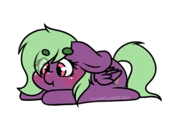 Size: 398x314 | Tagged: artist:cottonsweets, bean ych, blushing, chibi, commission, cute, derpibooru import, eye clipping through hair, green, lying down, oc, part of a set, pegasus, pink, purple, safe, simple background, solo, :t, transparent background, ych result
