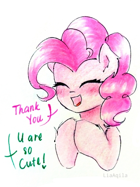 Size: 2005x2673 | Tagged: safe, artist:liaaqila, derpibooru import, part of a set, pinkie pie, earth pony, pony, blushing, bust, cute, dialogue, diapinkes, eyes closed, simple background, smiling, solo, traditional art