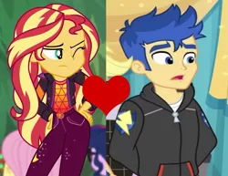 Size: 1139x881 | Tagged: safe, derpibooru import, edit, edited screencap, screencap, flash sentry, sunset shimmer, best in show: the pre-show, equestria girls, equestria girls series, sunset's backstage pass!, spoiler:eqg series (season 2), female, flashimmer, geode of empathy, magical geodes, male, shipping, shipping domino, straight