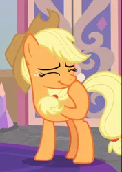 Size: 598x846 | Tagged: safe, derpibooru import, screencap, applejack, earth pony, pony, the mean 6, amused, applejack's hat, cowboy hat, cropped, cute, eyes closed, female, freckles, giggling, hat, jackabetes, mare, raised hoof, solo