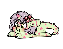 Size: 398x314 | Tagged: safe, artist:cottonsweets, derpibooru import, part of a set, oc, pony, unicorn, bean pony, bean ych, blushing, commission, cute, dinopone, eye clipping through hair, flower, flower in hair, green, pink, simple background, solo, transparent background, ych result