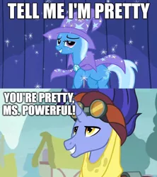 Size: 624x704 | Tagged: boast busters, caption, derpibooru import, female, hoo'far, image macro, male, meme, road to friendship, safe, shipping, straight, text, trixfar, trixie, trixie yells at everything