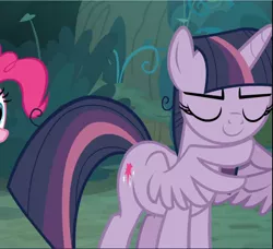 Size: 1029x940 | Tagged: safe, derpibooru import, screencap, mean twilight sparkle, pinkie pie, earth pony, pony, the mean 6, animation error, clone, cropped, eyes closed, female, gendo pose, mare, smiling, solo focus, wing hands, wings