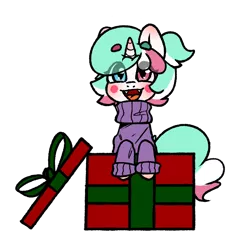 Size: 700x700 | Tagged: safe, artist:cottonsweets, derpibooru import, oc, oc:cottonsweet, ponified, unofficial characters only, candy pony, cat, cat pony, food pony, original species, pony, unicorn, bubblegum, clothes, commission, cute, eye clipping through hair, food, gum, marshmallow, present, simple background, solo, sweater, transparent background, your character here