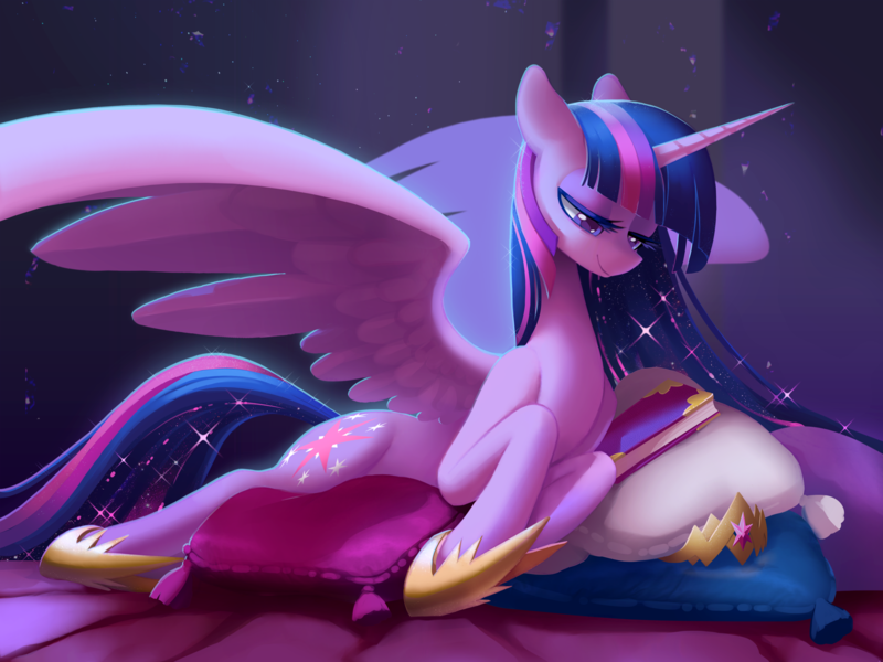 Size: 4400x3300 | Tagged: safe, artist:dawnfire, derpibooru import, princess twilight 2.0, twilight sparkle, twilight sparkle (alicorn), alicorn, pony, the last problem, book, crepuscular rays, crown, cutie mark, dust motes, ethereal mane, female, hoof shoes, jewelry, lidded eyes, mare, pillow, prone, regalia, smiling, solo, sparkles, spread wings, starry mane, tiara, wings