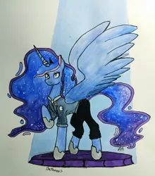 Size: 710x806 | Tagged: alicorn, alternate accessories, artist:puttonous, badge, clothes, crown, derpibooru import, description is relevant, ethereal mane, fanfic, fanfic art, fanfic:enemy of mine, horn, horn ring, implied shipping, jewelry, pants, princess luna, raised hoof, regalia, ring, safe, signature, solo, sparkles, spotlight, spread wings, suit, traditional art, wedding ring, wings