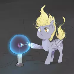 Size: 1024x1024 | Tagged: safe, artist:katemaximova, derpibooru import, derpy hooves, pegasus, pony, slice of life (episode), :<, black background, cute, derpabetes, ear fluff, electricity, female, mare, plasma ball, scene interpretation, simple background, solo, static