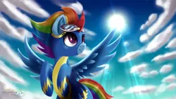 Size: 4800x2700 | Tagged: safe, artist:darksly, derpibooru import, rainbow dash, pegasus, pony, alternate hairstyle, clothes, cloud, crepuscular rays, cute, dashabetes, female, goggles, high res, mare, older, older rainbow dash, sky, solo, spread wings, sun, uniform, wings, wonderbolts, wonderbolts uniform