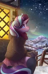 Size: 2650x4096 | Tagged: safe, artist:ardail, derpibooru import, starlight glimmer, anthro, unicorn, aurora borealis, blushing, book, clothes, cute, eye clipping through hair, female, fence, glim, glim glam, glimmerbetes, glimmy, high res, jacket, mare, miniskirt, mountain, night, pleated skirt, profile, scarf, sitting, skirt, sky, snow, snowfall, socks, solo, thigh highs, visible breath, winter, winter coat, zettai ryouiki