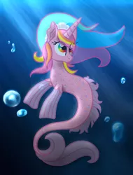 Size: 1600x2100 | Tagged: safe, artist:angiepeggy2114, derpibooru import, oc, oc:evening light, unofficial characters only, seapony (g4), unicorn, bubble, female, light rays, mare, solo, underwater