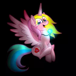 Size: 2000x2000 | Tagged: safe, artist:angiepeggy2114, derpibooru import, oc, oc:evening light, unofficial characters only, alicorn, pony, alicorn oc, black background, deviantart watermark, eye clipping through hair, female, glow, horn, jewelry, mare, obtrusive watermark, pendant, simple background, solo, watermark, wings