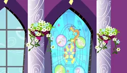 Size: 1280x738 | Tagged: applejack, derpibooru import, discord, element of generosity, element of honesty, element of kindness, element of laughter, element of loyalty, element of magic, elements of harmony, flower, fluttershy, pillar, pinkie pie, rainbow dash, safe, screencap, stained glass, the return of harmony