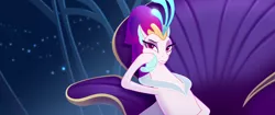 Size: 1920x804 | Tagged: annoyed, crown, derpibooru import, eyeshadow, female, fins, hand on cheek, jewelry, lidded eyes, makeup, my little pony: the movie, queen novo, queen novo is not amused, raised eyebrow, regalia, safe, screencap, seapony (g4), seriously, solo, throne, underwater