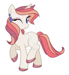 Size: 600x650 | Tagged: safe, artist:ipandacakes, derpibooru import, oc, pony, unicorn, deviantart watermark, female, magical lesbian spawn, mare, obtrusive watermark, offspring, one eye closed, parent:rarity, parent:sunset shimmer, parents:sunsarity, simple background, solo, transparent background, watermark, wink