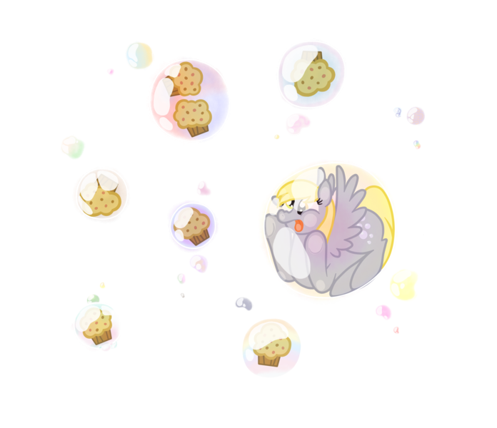 Size: 2638x2274 | Tagged: safe, artist:angiepeggy2114, derpibooru import, derpy hooves, pegasus, pony, adorable distress, bubble, cute, female, food, mare, muffin, simple background, solo, transparent background, trapped, watermark