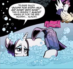 Size: 484x454 | Tagged: safe, artist:andypriceart, derpibooru import, idw, rarity, bird, chicken, pony, unicorn, spoiler:comic, bath, bathtub, bubble bath, cropped, female, goops for stuff, mare, official comic, shampoo, stupid sexy rarity, towel, wet, wet mane, wet mane rarity