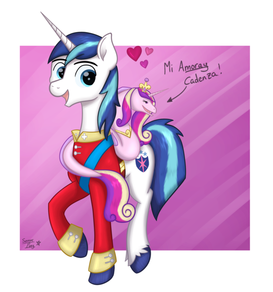 Size: 1776x1896 | Tagged: safe, artist:serenepony, deleted from derpibooru, derpibooru import, princess cadance, shining armor, alicorn, eel, fish, moray eel, pony, unicorn, clothes, digital art, female, looking back, male, mi amoray cadenza, moray eel cadance, pun, salmon yet not salmon, simple background, smiling, species swap, stallion, suit, uniform, unshorn fetlocks