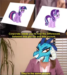 Size: 640x709 | Tagged: alicorn, derpibooru import, dragon lord ember, exploitable meme, meme, princess ember, safe, starlight glimmer, text, the office, they're the same picture, twilight sparkle, twilight sparkle (alicorn)