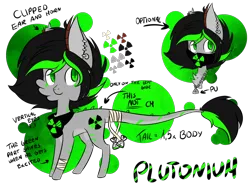 Size: 1024x768 | Tagged: safe, artist:silveer-moon, derpibooru import, oc, oc:plutonium, ponified, unofficial characters only, earth pony, object pony, original species, pony, bandana, cheek fluff, ear piercing, element pony, horns, leonine tail, male, piercing, radiation, radioactive, reference sheet, simple background, solo, stallion, transparent background
