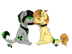 Size: 960x720 | Tagged: safe, artist:tinatina-8, derpibooru import, oc, oc:plutonium, oc:polonium, ponified, unofficial characters only, object pony, original species, pony, bandana, blushing, chest fluff, collar, cute, duo, ear fluff, ear piercing, element pony, gay, horns, leonine tail, male, oc x oc, ocbetes, piercing, radioactive, shipping, simple background, sitting, stallion, transparent background