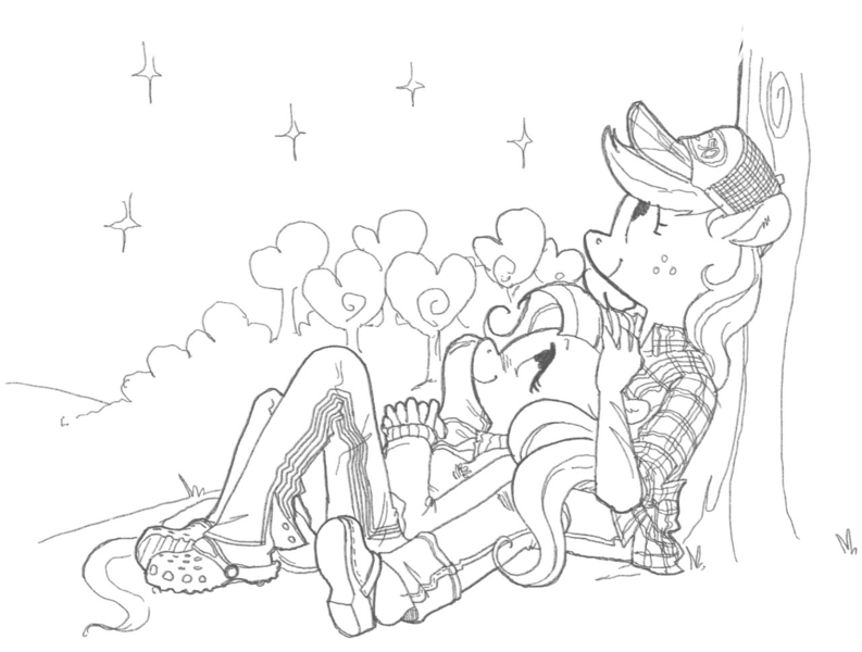 Size: 1280x969 | Tagged: safe, artist:spectralunicorn, derpibooru import, applejack, fluttershy, anthro, earth pony, pegasus, plantigrade anthro, appleshy, cap, clothes, crocs, female, flannel, freckles, hat, lesbian, lineart, looking away, looking up, monochrome, night, outdoors, shipping, shoes, smiling, stargazing, stars, traditional art, tree, under the tree