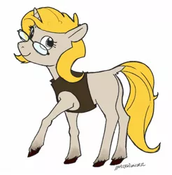 Size: 1318x1342 | Tagged: safe, artist:spectralunicorn, derpibooru import, oc, oc:sunny strings, unofficial characters only, pony, unicorn, clothes, female, glasses, mare, simple background, smiling, solo, vest, white background