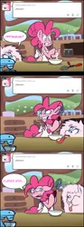 Size: 844x2278 | Tagged: safe, artist:pippy, derpibooru import, pinkie pie, oc, oc:fluffle puff, pony, pinkiepieskitchen, dexterous hooves, egg