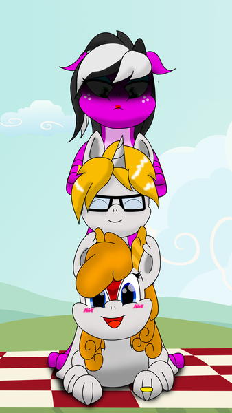 Size: 2368x4208 | Tagged: safe, artist:dianetgx, derpibooru import, oc, oc:axle bright, oc:diane tgx, oc:novita quester, dragon, kirin, unicorn, angry, blushing, dragoness, female, freckles, glasses, happy, hill, jealous, jewelry, lipstick, male, mare, matress, moments before disaster, picnic, ring, stallion, wife