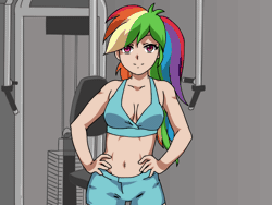 Size: 1024x768 | Tagged: suggestive, artist:rikeza, derpibooru import, rainbow dash, human, equestria girls, animated, anime, belly button, bouncing, bouncing breasts, breasts, busty rainbow dash, calm your tits, cleavage, clothes, commission, female, flexing, flexing breasts, gif, gym, gym shorts, gym uniform, human coloration, humanized, lidded eyes, looking at you, pectoral dance, sexy, shorts, smiling, solo, solo female, stupid sexy rainbow dash, tomboy