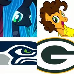 Size: 2289x2289 | Tagged: safe, deleted from derpibooru, derpibooru import, edit, edited screencap, screencap, cheese sandwich, queen chrysalis, changeling, earth pony, cropped, green bay packers, nfc divisional round, nfl playoffs, seattle seahawks