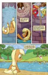 Size: 993x1528 | Tagged: safe, artist:caseycoller, derpibooru import, idw, applejack, big macintosh, granny smith, earth pony, pony, spoiler:comic, spoiler:comic85, beach ball, colt, comic, female, filly, foal, lake, male, mare, official comic, preview, speech bubble, well, younger