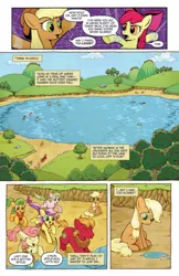 Size: 993x1528 | Tagged: safe, artist:caseycoller, derpibooru import, idw, apple bloom, apple bumpkin, applejack, big macintosh, gala appleby, lavender fritter, red gala, earth pony, pony, spoiler:comic, spoiler:comic85, apple, apple family member, apple tree, colt, comic, cute, female, filly, foal, food, lake, male, official comic, sad, sadorable, speech bubble, tree, younger