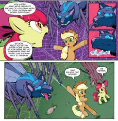 Size: 728x749 | Tagged: safe, artist:caseycoller, derpibooru import, idw, apple bloom, applejack, earth pony, fly, fly-der, hybrid, pony, spider, wolf, wolf fly-der, spoiler:comic, spoiler:comic85, apple sisters, cropped, female, filly, foal, mare, official comic, siblings, sisters, speech bubble, spider web, tongue out