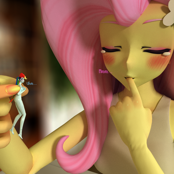 Size: 1600x1600 | Tagged: questionable, artist:vzx123321, derpibooru import, fluttershy, rainbow dash, comic:another pet, equestria girls, 3d, blushing, breasts, covering breasts, female, fetish, flutterdash, flutterpred, gentle pred, giantess, lesbian, licking, licking fingers, macro, micro, nudity, preydash, shipping, shy, size difference, taste the rainbow, tasting, text, tongue out, wet, wet hair