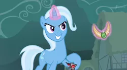Size: 1920x1064 | Tagged: safe, derpibooru import, screencap, trixie, pony, unicorn, magic duel, alicorn amulet, amulet, cropped, evil grin, female, glowing horn, grin, hoof hold, horn, jewelry, levitation, magic, magic aura, mare, sin of greed, smiling, solo, stealing, telekinesis