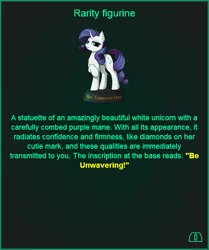 Size: 505x605 | Tagged: safe, artist:dipfanken, derpibooru import, edit, editor:fluttershyisnot adoormat, rarity, pony, unicorn, fallout equestria, fanfic, game: fallout equestria: remains, fanfic art, female, figurine, game, hooves, horn, mare, ministry mares, ministry mares statuette, raised hoof, solo