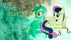 Size: 1920x1080 | Tagged: safe, artist:bluedragonhans, derpibooru import, bon bon, lyra heartstrings, sweetie drops, earth pony, pony, unicorn, abstract background, bench, duo, duo female, female, mare, meme, prone, sitting, sitting lyra, wallpaper