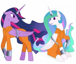 Size: 1280x1084 | Tagged: safe, artist:enigmadoodles, derpibooru import, princess celestia, princess twilight 2.0, twilight sparkle, twilight sparkle (alicorn), alicorn, pony, the last problem, bound wings, clothes, cuffs, female, horn, horn ring, magic suppression, mare, prison outfit, prisoner, prisoner ts, ring, simple background, white background, wings