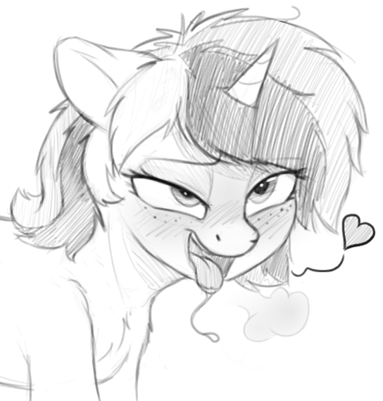 Size: 544x570 | Tagged: questionable, artist:zippysqrl, derpibooru import, oc, oc:sign, unofficial characters only, pony, unicorn, ahegao, blushing, blushing profusely, breath, bust, chest fluff, drool, drool string, female, floppy ears, freckles, grayscale, heart, lidded eyes, mare, monochrome, open mouth, simple background, sketch, solo, solo female, tongue out, white background