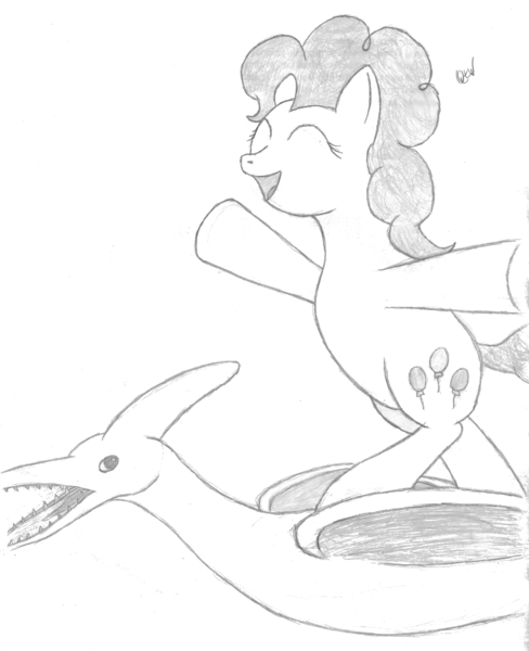 Size: 732x900 | Tagged: safe, artist:quint-t-w, derpibooru import, pinkie pie, dinosaur, earth pony, pony, pteranodon, pterosaur, bipedal, eyes closed, flying, old art, open mouth, pencil drawing, pose, riding, sharp teeth, simple background, teeth, traditional art, white background