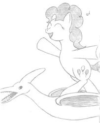 Size: 732x900 | Tagged: safe, artist:quint-t-w, derpibooru import, pinkie pie, dinosaur, earth pony, pony, pteranodon, pterosaur, bipedal, eyes closed, flying, old art, open mouth, pencil drawing, pose, riding, sharp teeth, simple background, teeth, traditional art, white background
