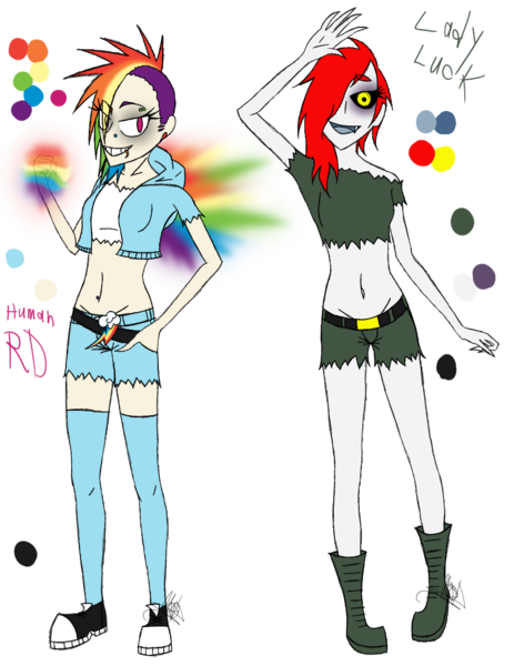 Size: 888x1150 | Tagged: artist:didun850, clothes, converse, derpibooru import, duo, female, glowing hands, grin, hair over one eye, human, humanized, oc, oc:lady luck, rainbow dash, safe, shoes, simple background, smiling, transparent background