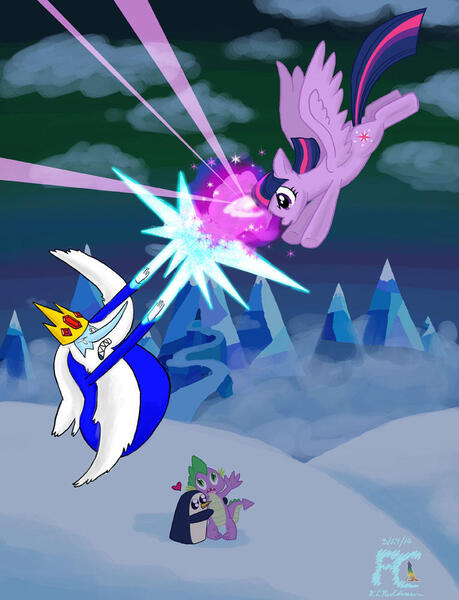 Size: 765x1001 | Tagged: safe, artist:kelseyleah, derpibooru import, spike, twilight sparkle, twilight sparkle (alicorn), alicorn, human, pony, adventure time, crossover, fight, gunther, ice king