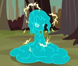 Size: 2492x2112 | Tagged: safe, artist:badumsquish, derpibooru import, oc, oc:tess la, unofficial characters only, goo, goo pony, monster pony, original species, dreamworks face, electricity, female, forest, looking at you, mare, melting, raised hoof, slime, smiling, smirk, smug, solo, sparks