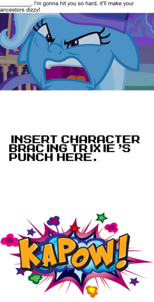 Size: 796x1561 | Tagged: safe, artist:mega-poneo, derpibooru import, edit, edited screencap, screencap, trixie, pony, unicorn, to where and back again, angry, comic, dialogue, female, kapow, mare, meme, mulan, screencap comic, yao